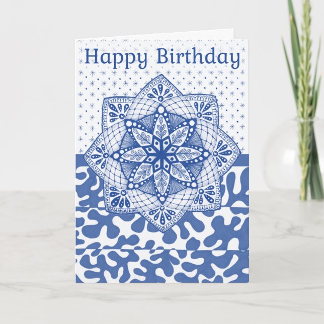 Folded Birthday Card Blue Coloured Doodle Design (Front)
