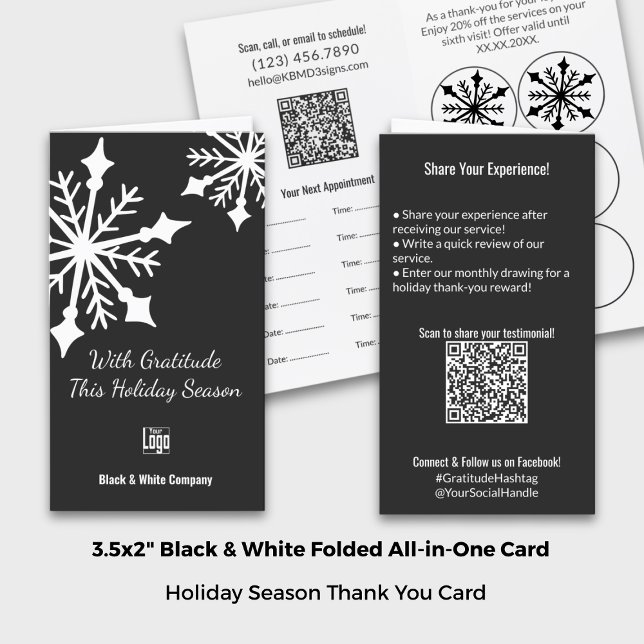 Folded Black White Holiday ThankYou Review Loyalty Appointment Card (Folded Black White Holiday Thank You Review Loyalty Appointment Card; Size: 3.5"x2", Portrait Format)