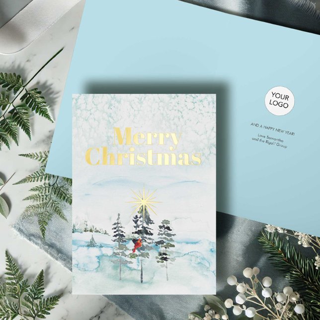 Folded Business Christmas Cards With Logo (Business Christmas cards with logo folded watercolor pine trees with red cardinal wintery blue scene)