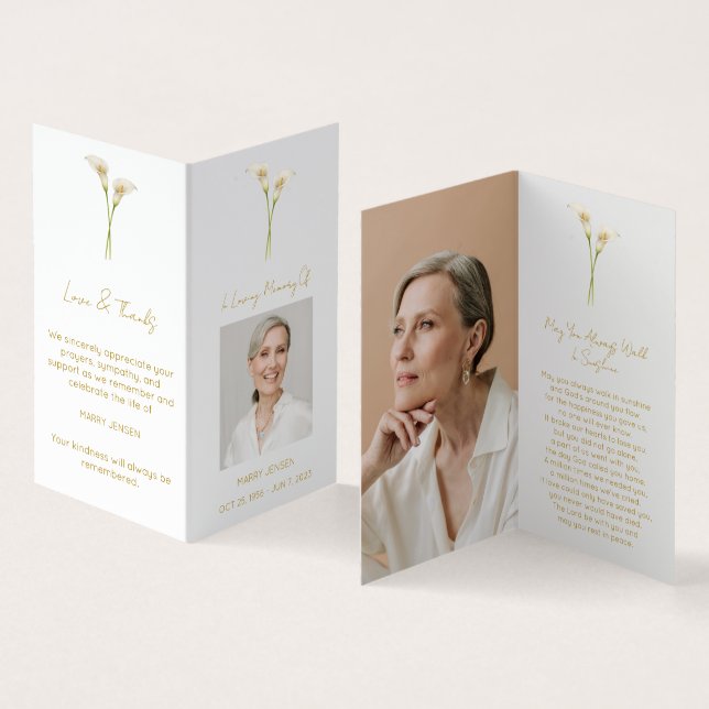 Folded Calla Lily Photo Funeral Prayer Card (Inside and Outside)
