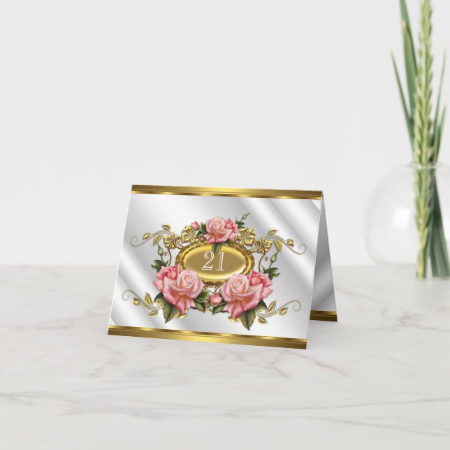 Folded Card 21st Birthday Pink Gold Roses White 3 (Front)