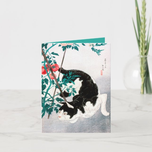 FOLDED CARD : JAPANESE WOODBLOCK : Cat with Tomato (Front)