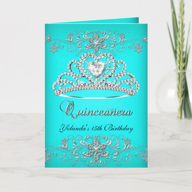 Folded Card Quinceanera Aqua Teal Glitter Tiara (Front)