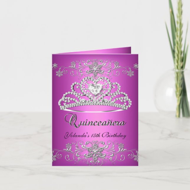 Folded Card Quinceanera Pink Glitter Tiara (Front)