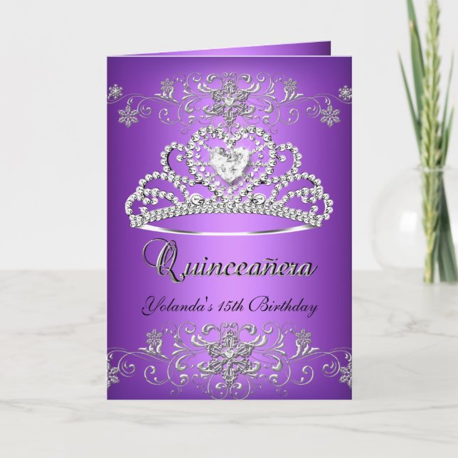 Folded Card Quinceanera Purple Glitter Tiara (Front)