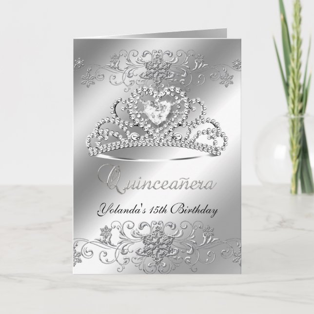 Folded Card Quinceanera silver Glitter Tiara (Front)