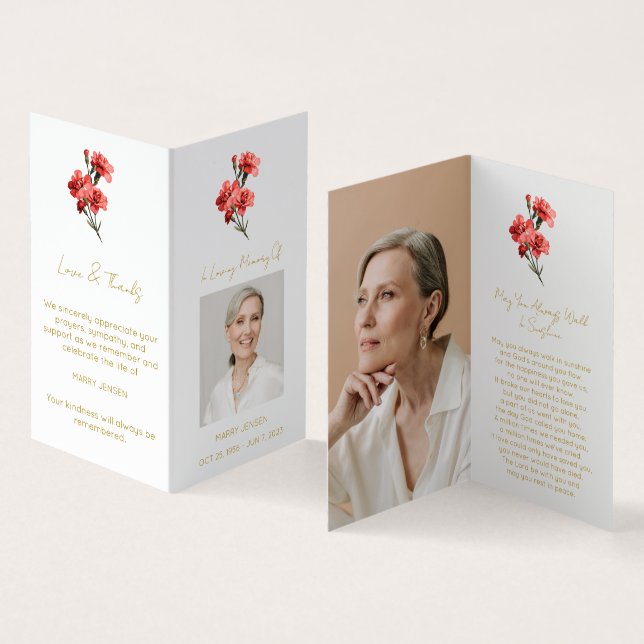 Folded Carnation Photo Funeral Prayer Card (Inside and Outside)