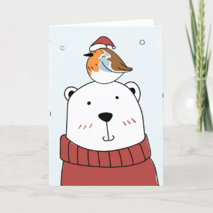 Folded CHILD'S CHRISTMAS CARD BEAR WITH BIRD