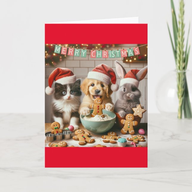 Folded Christmas Card with dog, cat, bunny #3 (Front)