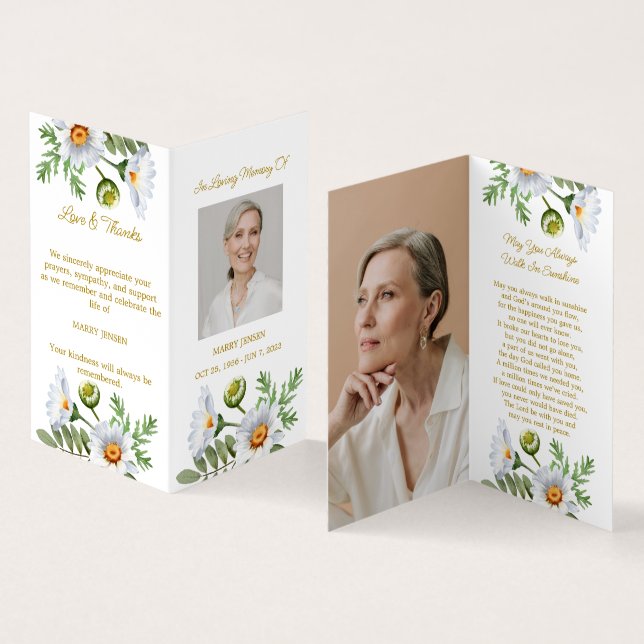 Folded Daisy Photo Funeral Prayer Card (Inside and Outside)