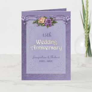 Folded Damask Roses Purple 15th Anniversary Card