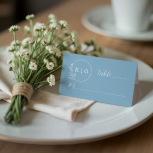 Folded Dusty Blue Elegant Wedding Monogram Place Card