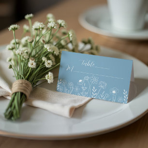 Folded Dusty Blue Elegant Wedding Wildflower Place Card
