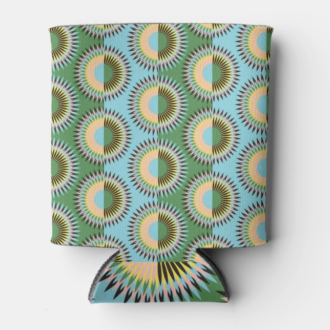 Folded flowers: retro blue-green pattern. can cooler (Front)