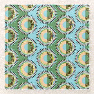 Folded flowers: retro blue-green pattern. glass coaster