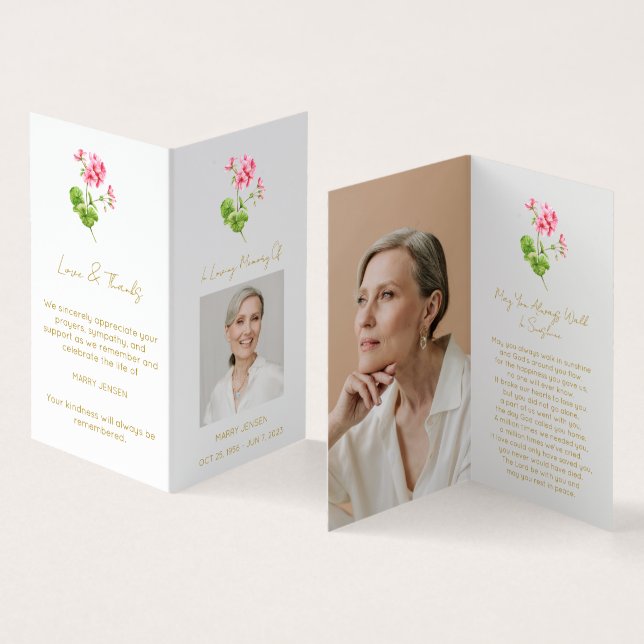 Folded Geranium Photo Funeral Prayer Card (Inside and Outside)