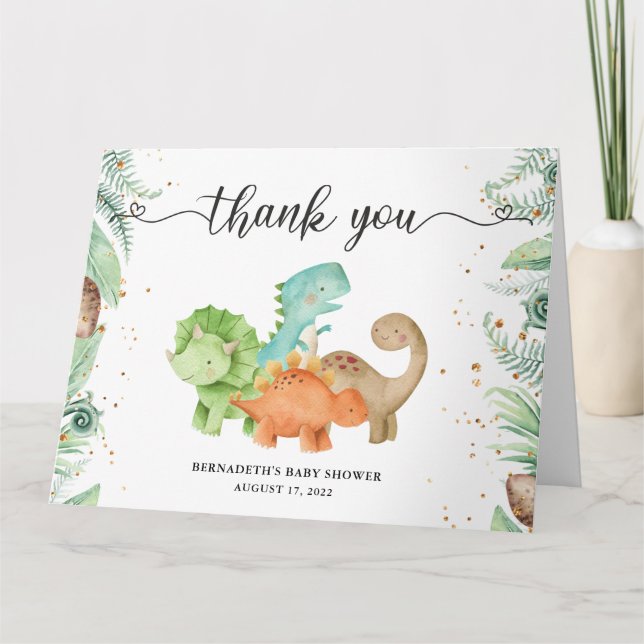 Folded Greenery Floral Gold Confetti Dinosaurs Thank You Card (Front)