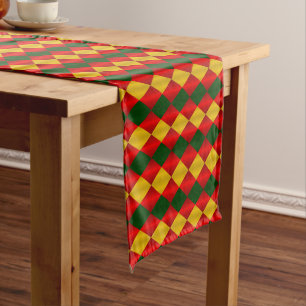 FOLDED HARLEQUIN,RED,GREEN,GOLD-TABLE RUNNER 14x72