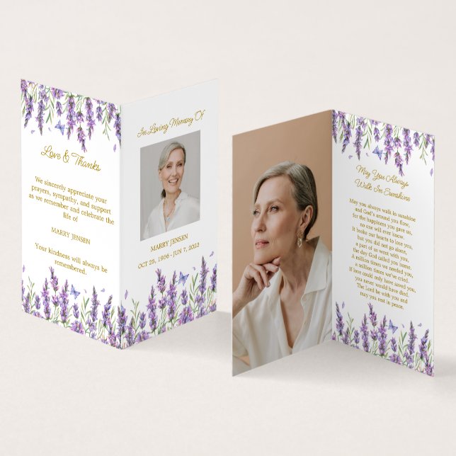 Folded Lavender Photo Funeral Prayer Card (Inside and Outside)