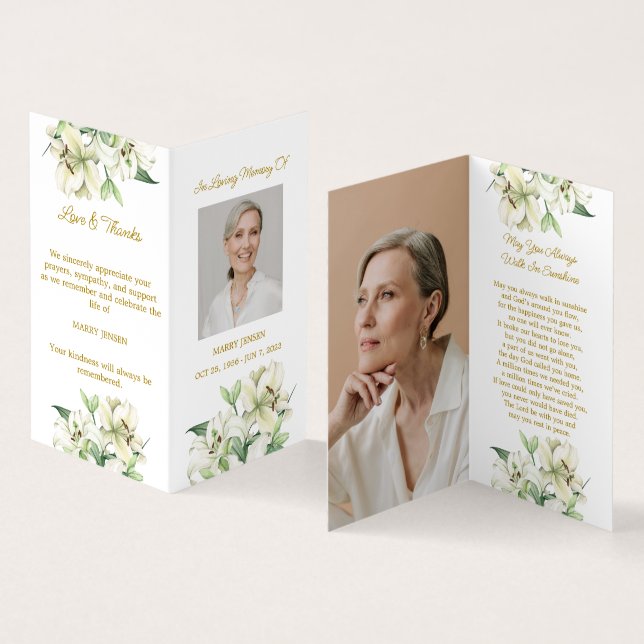 Folded Lily Photo Funeral Prayer Card (Inside and Outside)