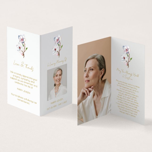 Folded Magnolia Photo Funeral Prayer Card (Inside and Outside)