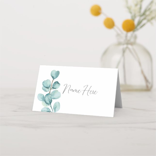 Folded Name Cards Wedding Eucalyptus Leaves Green  (Front)