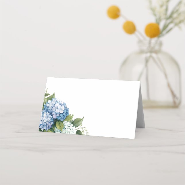 Folded Name Place Card-Blue Hydrangeas Place Card (Front)