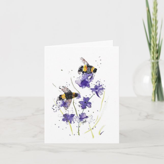 Folded Note Card-watercolor of bees & violets Card (Front)