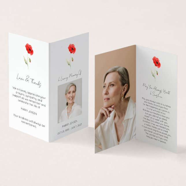 Folded Poppy Photo Funeral Prayer Card (Inside and Outside)