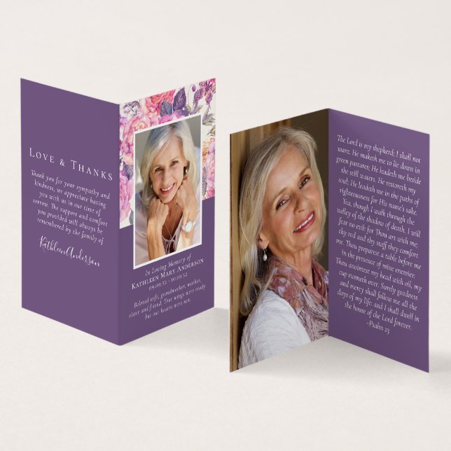Folded Purple Floral Memorial Prayer Card (Inside and Outside)