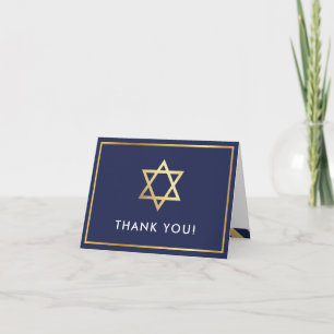FOLDED THANK YOU bar mitzvah gold star navy blue Card