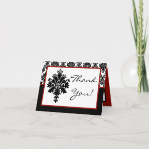 Folded Thank You Card Black Red Damask Lace