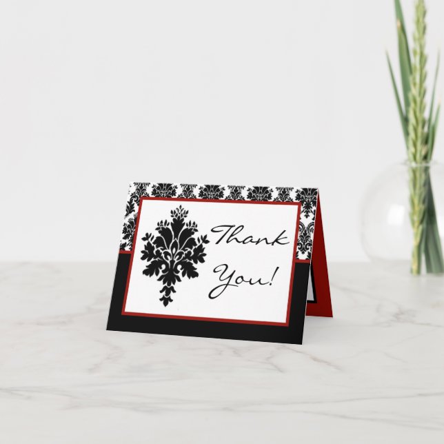 Folded Thank You Card Black Red Damask Lace (Front)