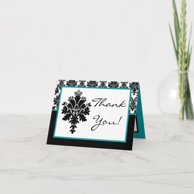 Folded Thank You Card Black Teal Damask Lace (Front)