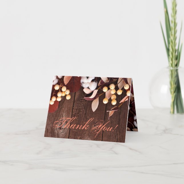 Folded Thank You Card Cotton Branch on Dark Wood S (Front)