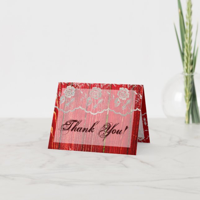 Folded Thank You Card Country Lace Red Wash Wood (Front)