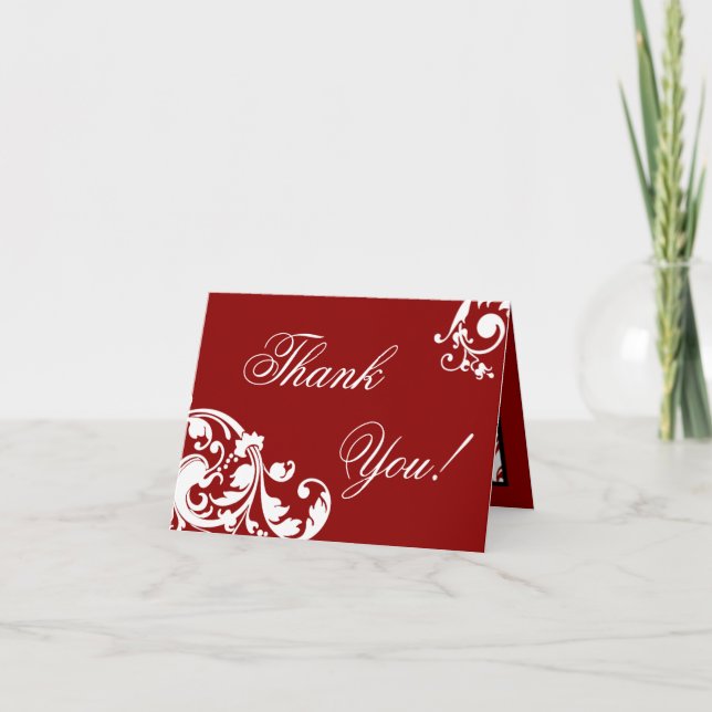 Folded Thank you Card Crimson Red Floral Filigree (Front)