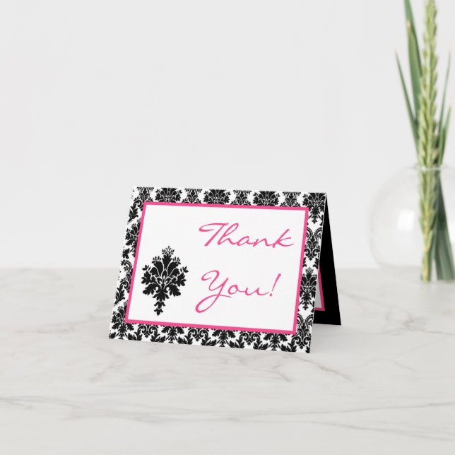 Folded Thank you Card Hot Pink Black Damask (Front)