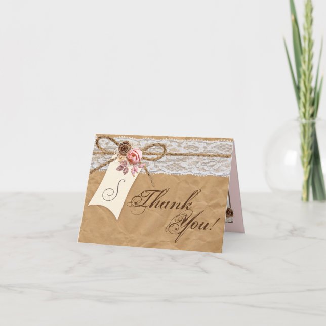 Folded Thank You Card Kraft Paper Lace Twine Bow (Front)