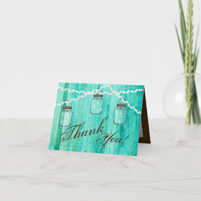 Folded Thank You Card Mason Jar String Lights Wood (Front)