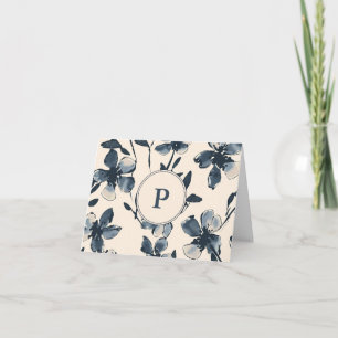Folded Thank You Card Monogram Blue Flowers
