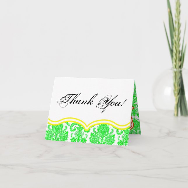 Folded Thank You Card Nein Green Pink Damask Lace (Front)