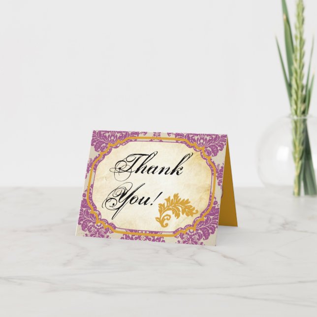 Folded Thank You Card Purple Gold Damask Lace Prin (Front)