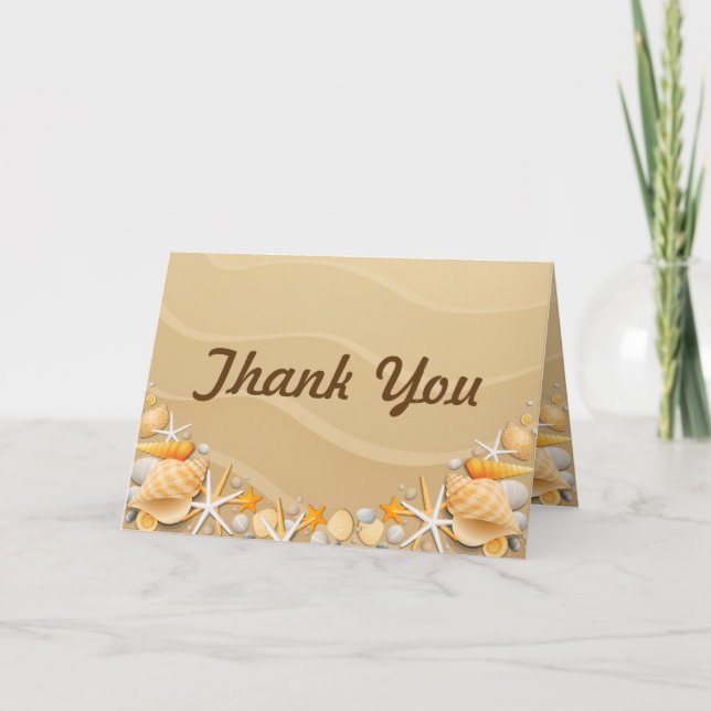 Folded Thank You Card Seashells on Sandy Beach sta (Front)