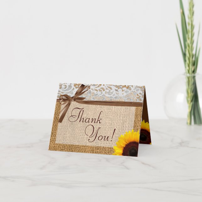 Folded Thank You Card Sunflower Lace Burlap Countr (Front)
