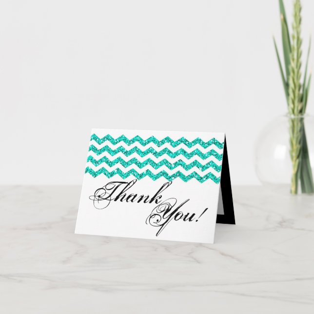 Folded Thank You Card Teal Glitter Chevron Stripe (Front)