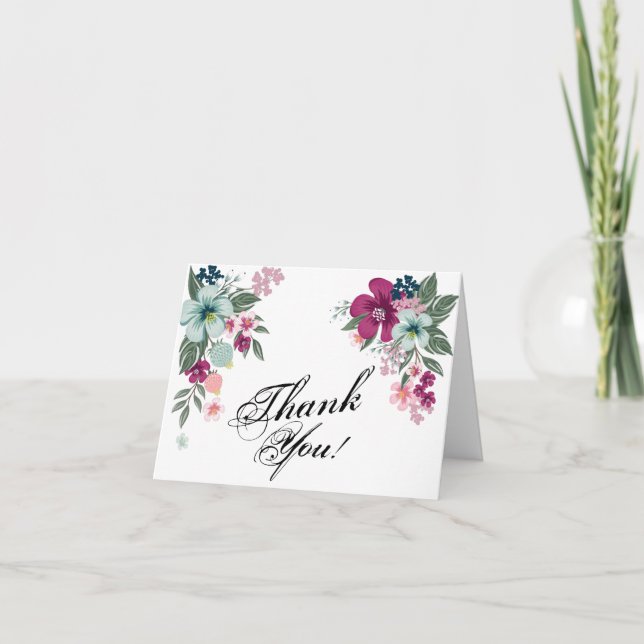 Folded Thank You Card Tropical Flowers on White (Front)