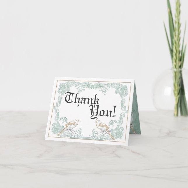 Folded Thank You Card Vintage Bird Couple Flourish (Front)