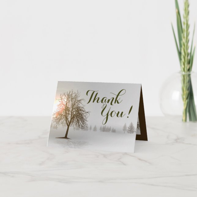 Folded Thank You Card Winter Sunset Tree Snow Cove (Front)