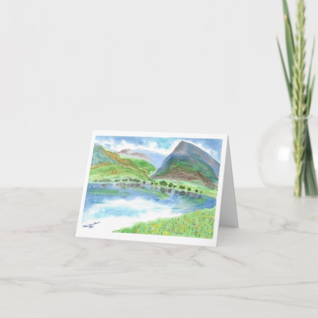 Folded Watercolor Mountain Scene Note Card (Front)